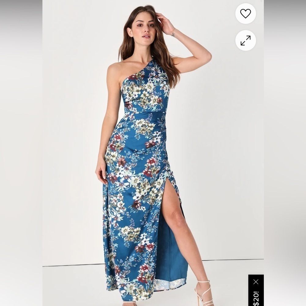 Lulus Ready for the Romance Blue Floral Satin One-Shoulder Maxi Dress, small
